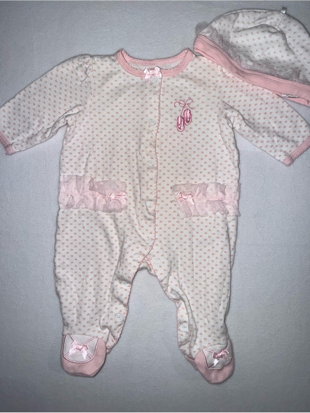 Little Me Pink Ballet Slipper Footed Onsie with Hat - 3 month GUC
